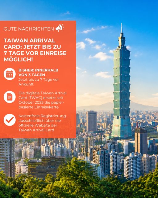 ✈️ Gute Nachrichten für alle, die eine Reise nach Taiwan planen:  Die Registrierung für die digitale Taiwan Arrival Card (TWAC) ist jetzt bereits bis zu 7 Tage vor der Einreise möglich.
 
Bisher konnte das Formular erst innerhalb von 3 Tagen vor Ankunft ausgefüllt werden. Damit habt ihr nun deutlich mehr Zeit, eure Reisevorbereitungen entspannt abzuschließen.
 
Die Taiwan Arrival Card ersetzt seit Oktober 2025 die bisherige papierbasierte Einreisekarte und erleichtert die Einreise nach Taiwan.
 
Wichtig für eure Reiseplanung:
✅ Registrierung bereits bis zu 7 Tage vor Ankunft möglich
✅ Vollständig kostenfrei
✅ Keine papierbasierte Einreisekarte mehr erforderlich
✅ Schnellere und bequemere Vorbereitung vor der Reise
 
🔗 Den direkten Link zur offiziellen Taiwan Arrival Card findet ihr über den Link in unserer Bio.
 
Speichert euch diesen Beitrag gerne für eure nächste Taiwan-Reise oder teilt ihn mit euren Reisebegleitungen. 🇹🇼
 
📷 Shutterstock
 
#TaiwanUrlaub #ErlebeTaiwan #VisitTaiwan #TaiwanTravel #TravelTaiwan #Taipei #TaiwanArrivalCard #TWAC